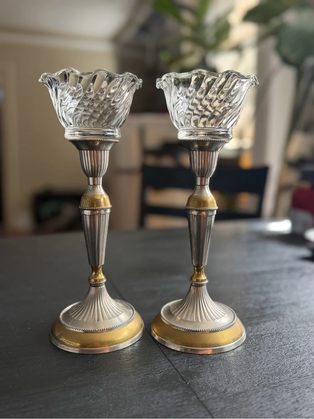Elegant Glass and Metal Candlestick Pair - Silver and Gold